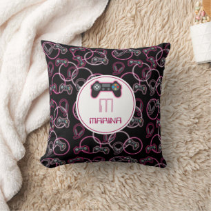 Video Game Neon Pink Girls Pattern Monogram Throw Pillow