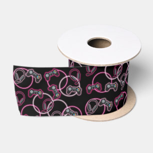 Video Game Neon Pink Girls Pattern Satin Ribbon