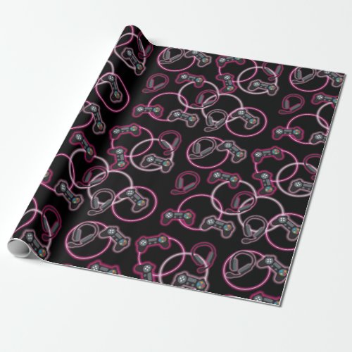 Video Game Neon Pink Girls Pattern  Wrapping Paper