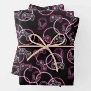 Video Game Neon Pink Girls Pattern Wrapping Paper Sheets