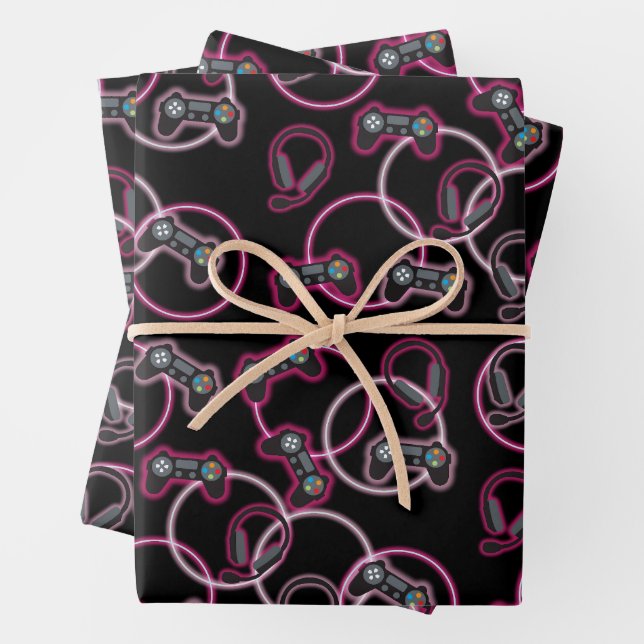 Video Game Neon Pink Girls Pattern  Wrapping Paper Sheets (In situ)