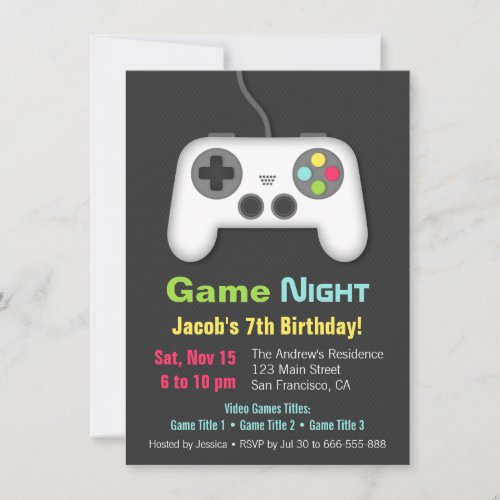 Video Game Night Boys Birthday Party Invitations