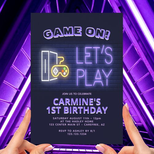 Video Game On Neon 1st Birthday Invitation