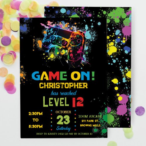 Video Game Paint Splash Neon Graffiti Level Up  Invitation