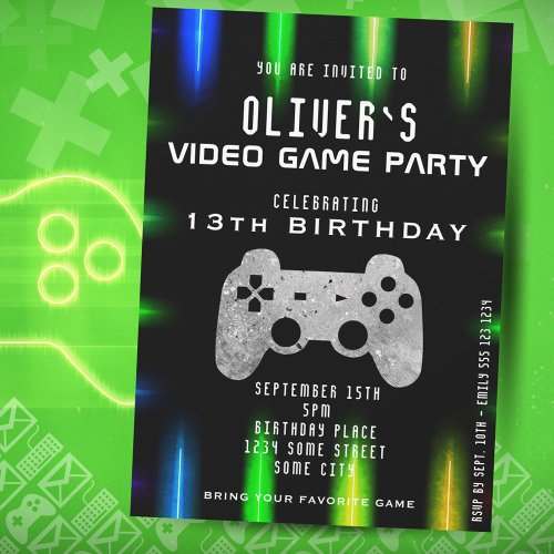 Video Game Party Controller Neon Gaming Birthday  Invitation