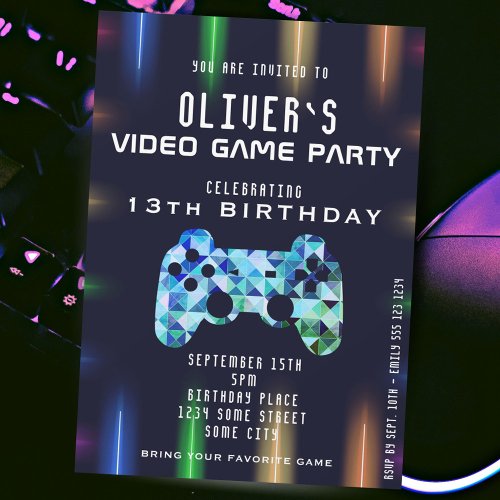 Video Game Party Controller Neon Gaming Birthday Invitation