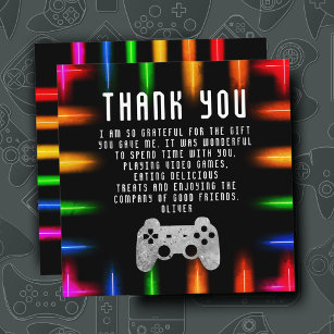 Video Game Party Controller Neon Gaming Birthday Thank You Card