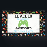 Video Game Party Level Up Kids Birthday Gamer Banner<br><div class="desc">Video Game Party Level Up Kids Birthday Gamer Indoor or Outdoor Banner. Add name and age to level up on these gamer party supplies. Fun pattern of video games and snacks on black background. Gamer party for kids. www.SamAnnDesigns.com</div>