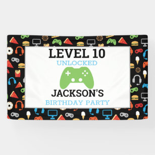 Gamer Birthday Banner ; 10000324 level 10 Birthday Banner Colorful Gaming Party Decorations Video Game concept with controller banner