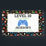 Video Game Party Level Up Kids Birthday Gamer Banner<br><div class="desc">Video Game Party Level Up Kids Birthday Gamer Indoor or Outdoor Banner. Add name and age to level up on these gamer party supplies. Fun pattern of video games and snacks on black background. Gamer party for kids. www.SamAnnDesigns.com</div>