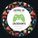 Video Game Party Level Up Kids Birthday Gamer Classic Round Sticker<br><div class="desc">Video Game Party Level Up Kids Birthday Gamer Stickers. Add name and age to level up on this gamer pattern. Fun pattern of video games and snacks on black background. Gamer party for kids. www.SamAnnDesigns.com</div>