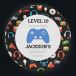 Video Game Party Level Up Kids Birthday Gamer Paper Plates<br><div class="desc">Video Game Party Level Up Kids Birthday Gamer Paper Plate. Add name and age to level up on these gamer party supplies. Fun pattern of video games and snacks on black background. Gamer party for kids. www.SamAnnDesigns.com</div>