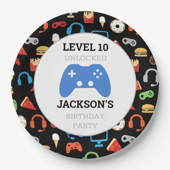 Video Game Party Level Up Kids Birthday Gamer Paper Plates (Front)