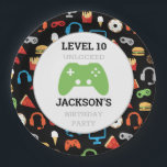 Video Game Party Level Up Kids Birthday Gamer Paper Plates<br><div class="desc">Video Game Party Level Up Kids Birthday Gamer Paper Plate. Add name and age to level up on these gamer party supplies. Fun pattern of video games and snacks on black background. Gamer party for kids. www.SamAnnDesigns.com</div>