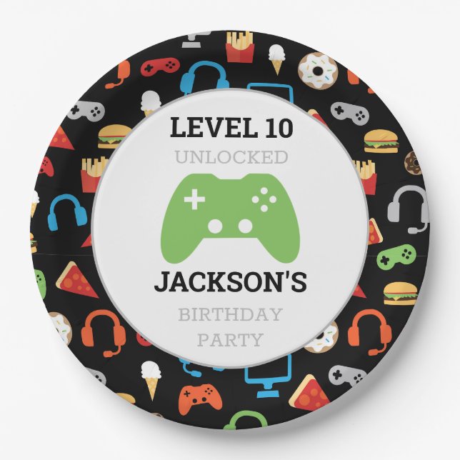 Video Game Party Level Up Kids Birthday Gamer Paper Plates (Front)