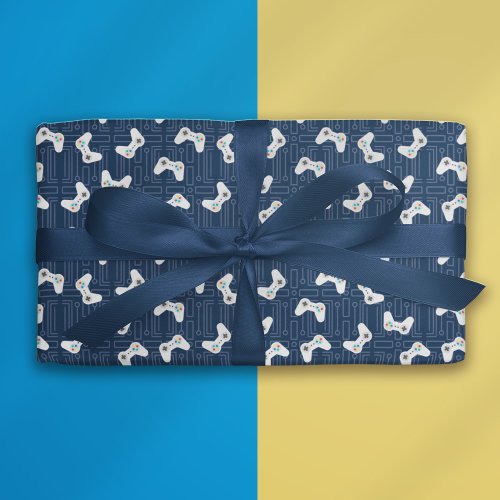 Video Game Party Pattern Blue Wrapping Paper