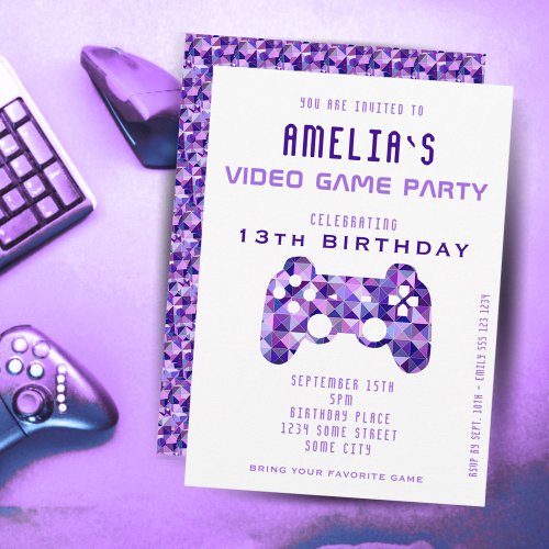 Video Game Party Purple Controller Gaming Birthday Invitation