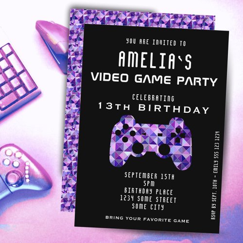 Video Game Party Purple Controller Gaming Birthday Invitation