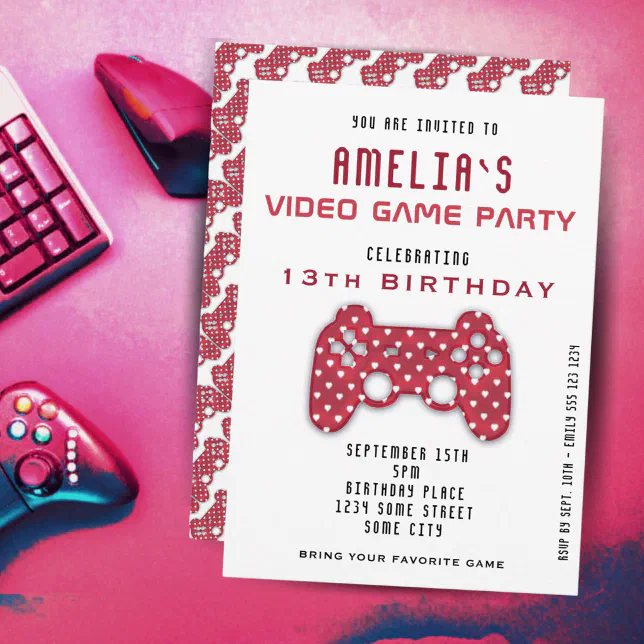 Video Game Party Red Controller Gaming Birthday Invitation
