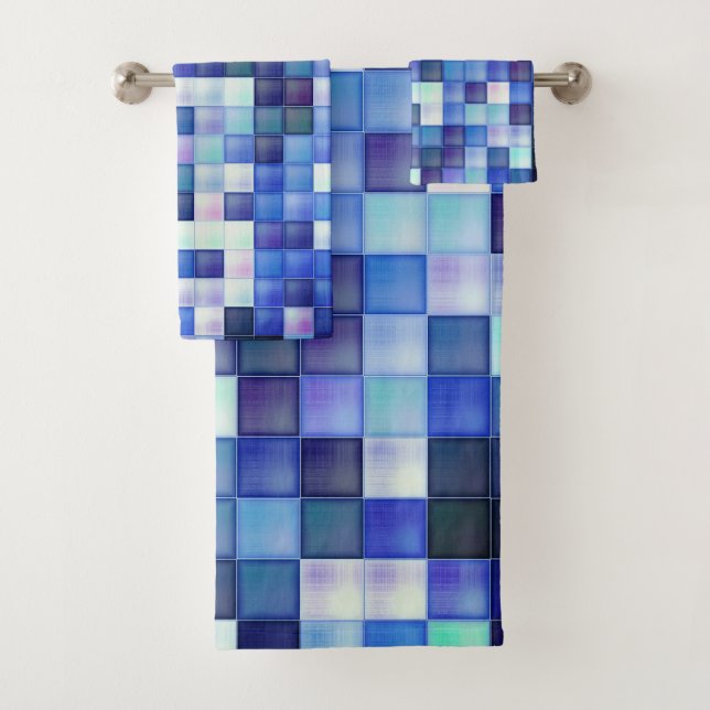 Video Game Pixels Blue Square Pattern Bath Towel Set (Insitu)