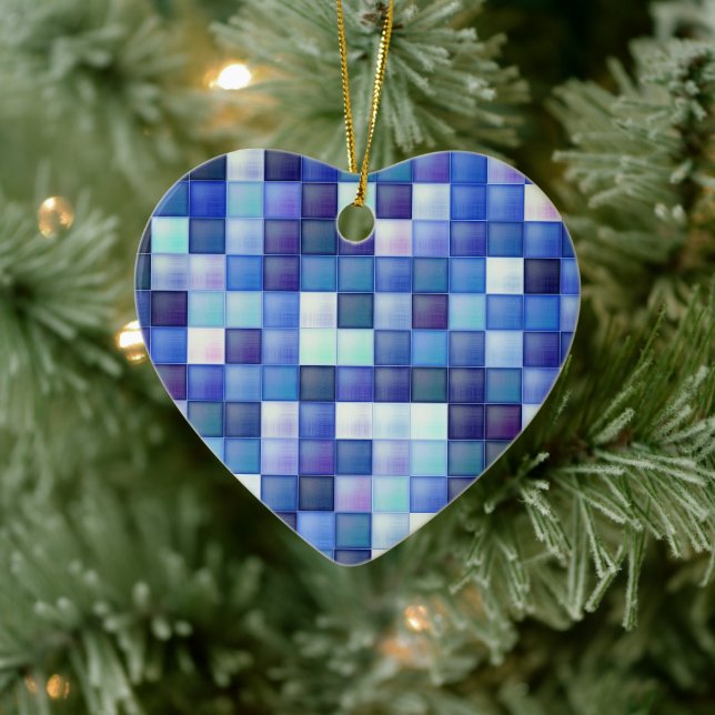 Video Game Pixels Blue Square Pattern Ceramic Ornament (Tree)