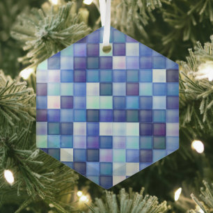Video Game Pixels Blue Square Pattern Glass Ornament