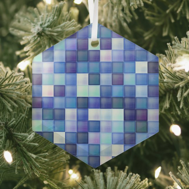 Video Game Pixels Blue Square Pattern Glass Ornament (Insitu)