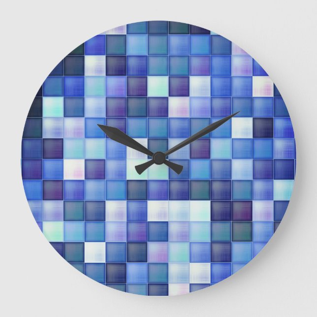 Video Game Pixels Blue Square Pattern Large Clock (Front)