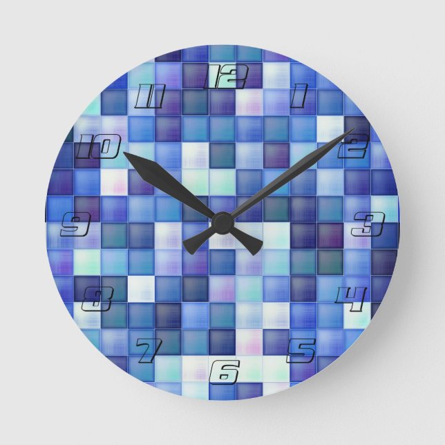 Video Game Pixels Blue Square Pattern Round Clock (Front)