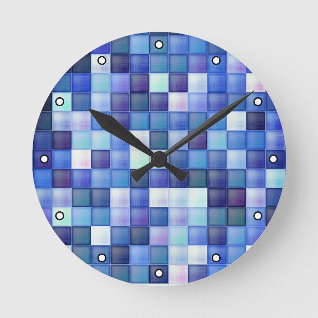 Video Game Pixels Blue Square Pattern with Dots Round Clock (Front)