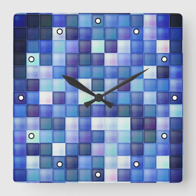 Video Game Pixels Blue Square Pattern with Dots Wall Clock (Front)