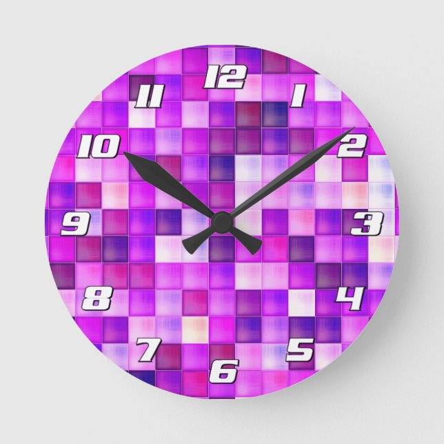 Video Game Pixels Pink Square Pattern with Numbers Round Clock (Front)