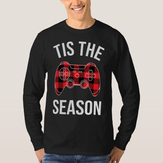 Video Game Plaid Red Black Christmas Pajamas Gamer T-Shirt (Front)