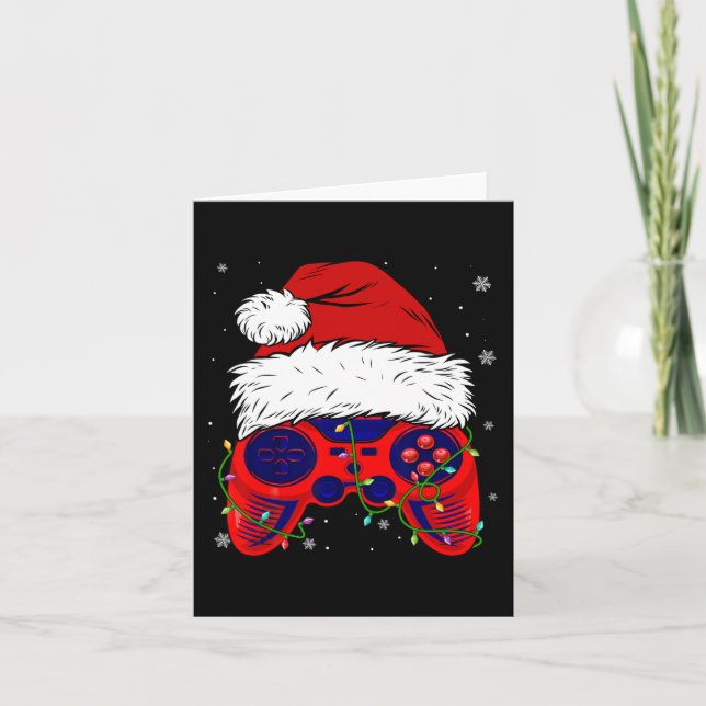 Video Game Santa Hat Fun Christmas PJs Lights Boys Card (Front)