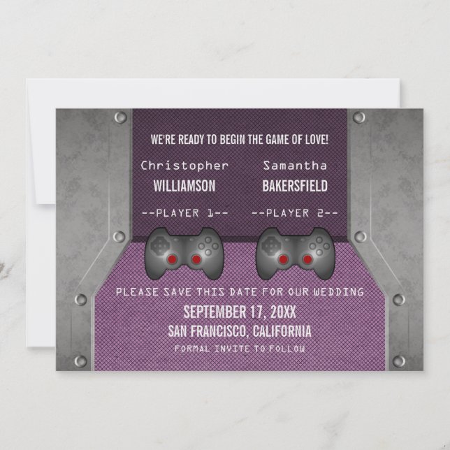 Video Game Save the Date Invite, Purple (Front)