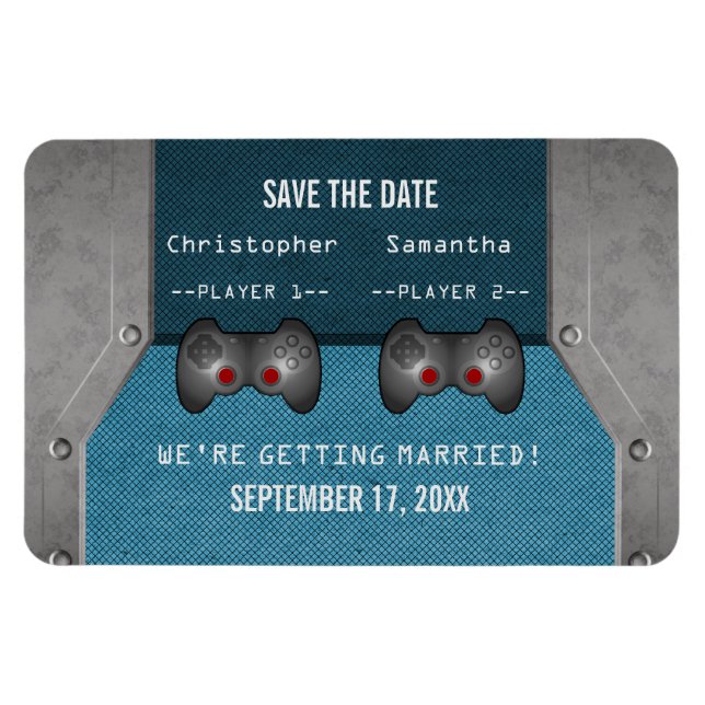 Video Game Save the Date Magnet, Blue Magnet (Horizontal)