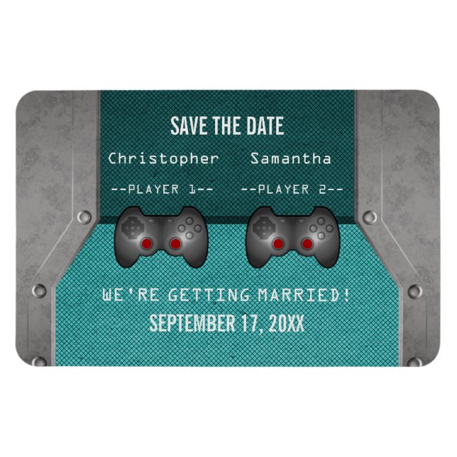 Video Game Save the Date Magnet, Teal Magnet (Horizontal)