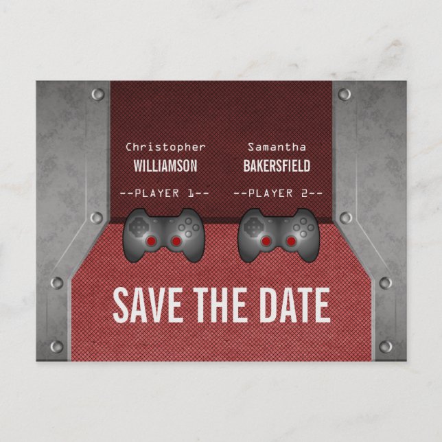 Video Game Save the Date Postcard, Maroon Announcement Postcard (Front)