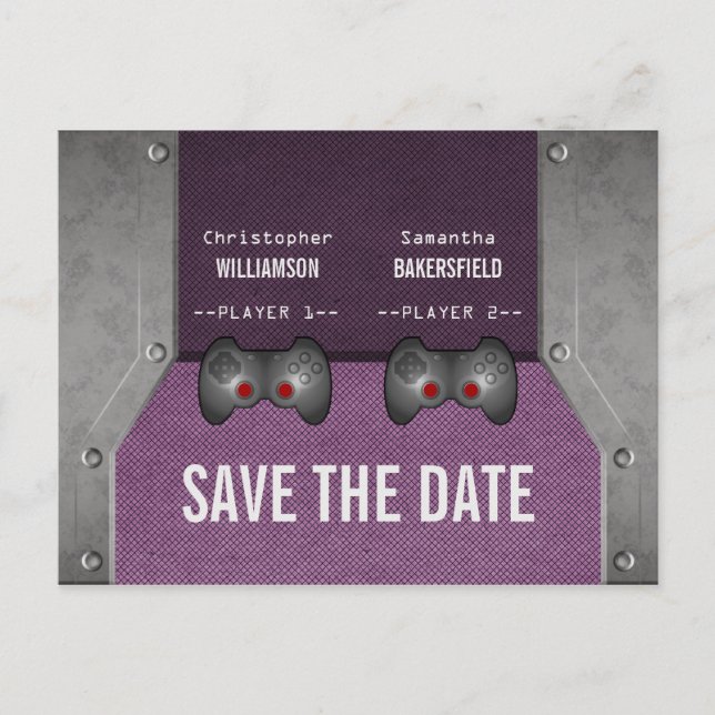 Video Game Save the Date Postcard, Purple Announcement Postcard (Front)