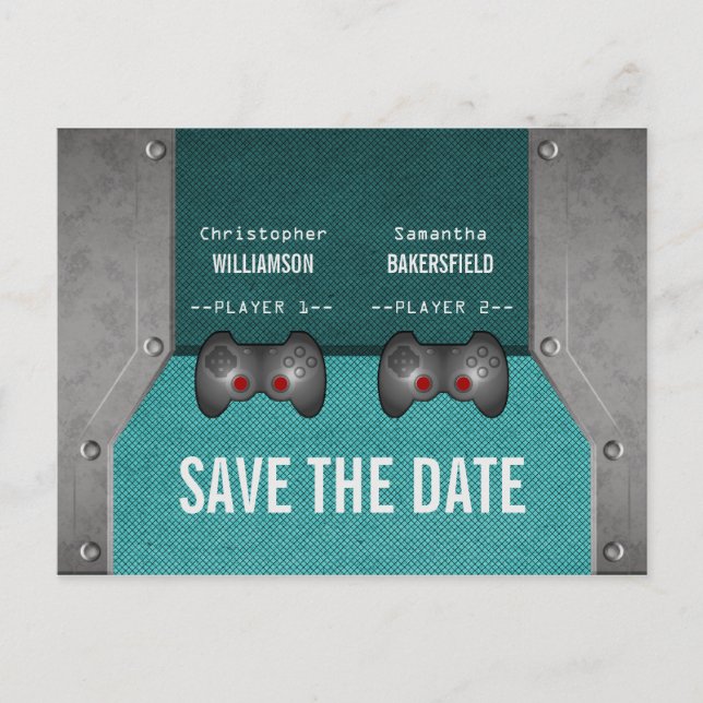 Video Game Save the Date Postcard, Teal Announcement Postcard (Front)