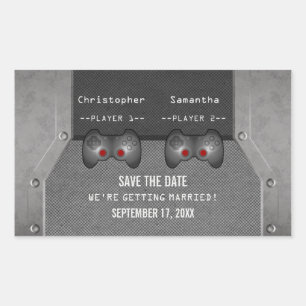 Video Game Save the Date Stickers, Gray Rectangular Sticker