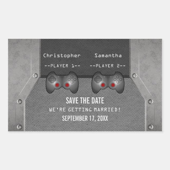 Video Game Save the Date Stickers, Gray Rectangular Sticker (Front)