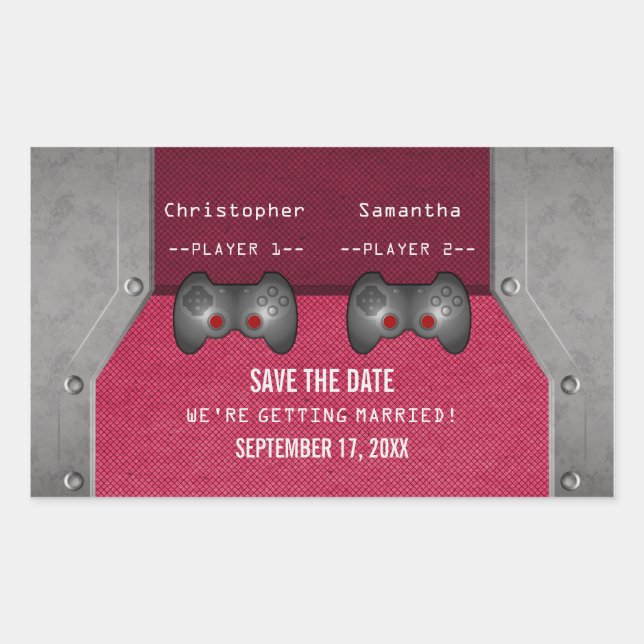 Video Game Save the Date Stickers, Pink Rectangular Sticker (Front)