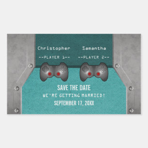Video Game Save the Date Stickers, Teal Rectangular Sticker