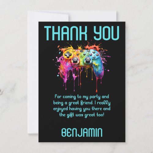 Video Game Teal Birthday Party Thank You Card