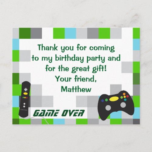 Video Game Truck Birthday Party Thank You Postcard