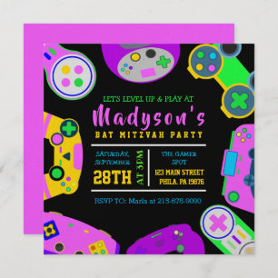 VIDEO GAMER GAMING Girl Bat Mitzvah Evening Party Invitation