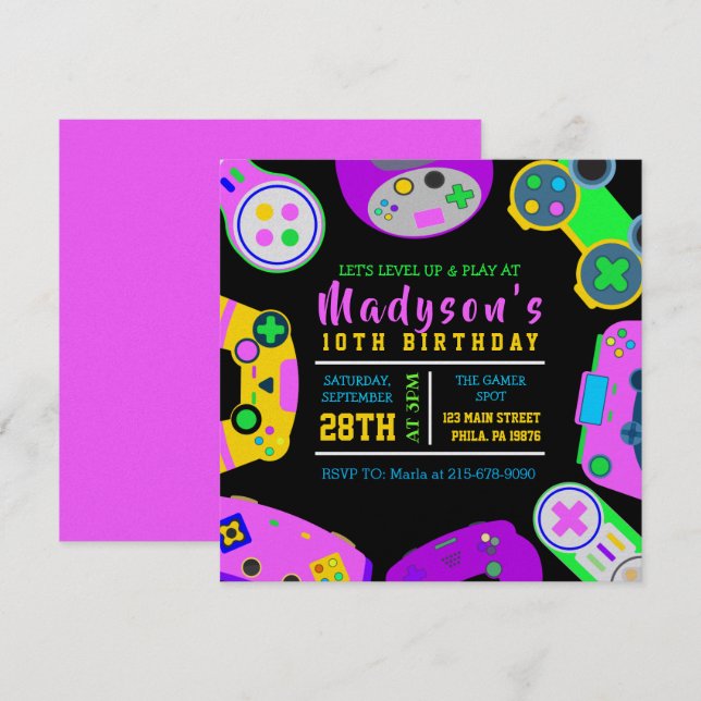 VIDEO GAMER GAMING Girl Birthday Party Invitation (Front/Back)
