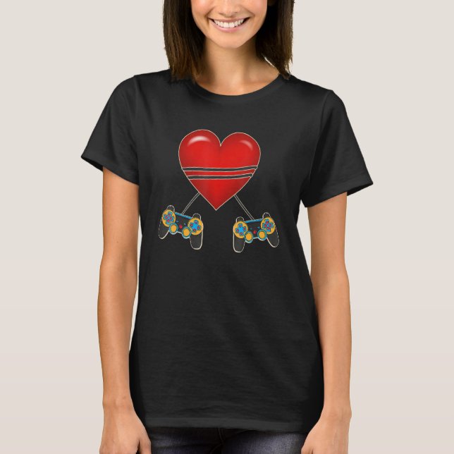 Video Gamer Heart Controllers Valentines Day Love  T-Shirt (Front)