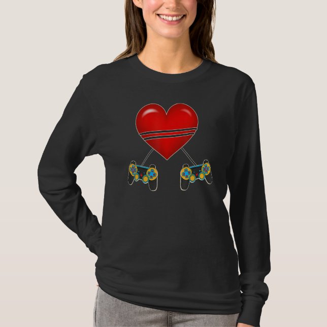 Video Gamer Heart Controllers Valentines Day Love  T-Shirt (Front)